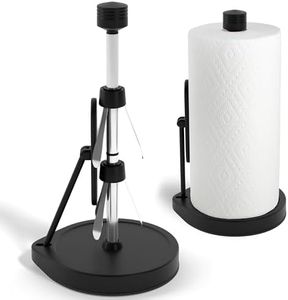 Stainless Steel Tension Arm Paper Towel Holder - Easy One-Handed Operation - This Sturdy Weighted Paper Towel Dispenser Countertop Model Has Suction Cups and Holds All Paper Towel Rolls (Black)