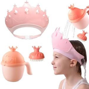 Baby Shower Cap Shield, Baby bath set shower cap/water cup/massage brush,Visor Hat for Eye and Ear Protection for 0-9 Years Old Children,Cute Crown Shape Makes the Baby Bath More Fun (Pink)