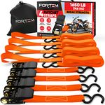 FORTEM Ratchet Straps, 1650lb Break Strength, 4 15ft Tie Down Strap Set, 4 Soft Loops, Motorcycle Straps Tie Downs, Cargo Straps for Trucks, Rubber Handles, Coated Metal Hooks, Carry Bag (Orange)