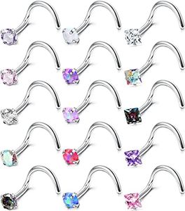 Kakonia Hypoallergenic Nose Rings 15Pcs 18G 20G Surgical Stainless Steel Nose Rings Studs L Shaped Screw Studs Rings Cubic Zirconia Nose Ring Labret Lip Nose Piercing Jewelry for Women Men