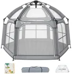 Baby Playpen with Canopy, Portable Indoor & Outdoor for Baby and Toddler, Foldable Pop up Playpen with Mat, Play Yard with Travel Bag, 6 Ground Stakes, 6 Sand Stakes