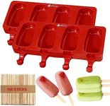 Vinsani Silicone 2 x 4 Cavity Ice Lolly Makers with 100 Sticks, Food Grade BPA Free Ice Cream Mould for Frozen Popsicle Tray DIY Layer Tray - Red