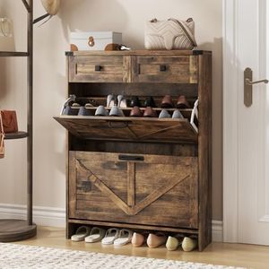 Maupvit Farmhouse Shoe Storage Cabinet with 2 Flip Drawers & 2 Drawers for Entryway, Freestanding Narrow Shoe Rack Cabinet, Washed Grey