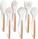 E-far White Cooking Utensils Set of 6, Silicone Kitchen Utensils with Wooden Handle, Non-stick Cookware Friendly & Heat Resistant, Includes Spatula/Ladle/Slotted Turner/Serving Spoon/Spaghetti Server