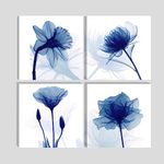 Wieco Art Large Blue Flickering Flower Modern Abstract Paintings Canvas Wall Art Grace Floral Pictures on Canvas Print 4 Panels Artwork for Living Room Bedroom Office Home Decoration