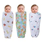 Wonder Wee 2 Layered Baby Swaddle Blanket, 44" x 44", Pink Toys with Square Lines and Yellow Animals, Pack of 3