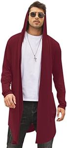 COOFANDY Mens Long Hooded Cardigan Lightweight Ruffle Shawl Collar Drape Cape Wine Red
