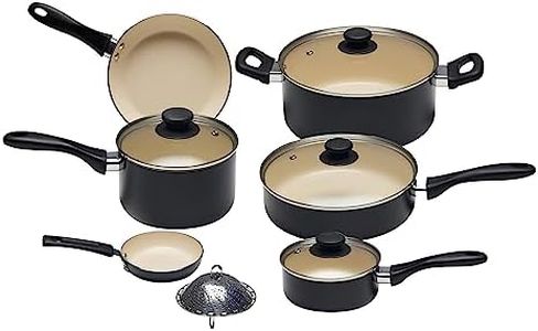 Amazon Basics, Batteria di pentole e padelle antiaderenti in ceramica da 11 pezzi, senza PFOA e PTFE, colore: nero e crema