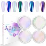 Allstarry White Chrome Nail Powder, 4 PCS Color-Shift Chameleon Chrome Effect Powder Neon Aurora Glitter Dust Iridescent Pearlescent Pearl Pigment for Gel Polish Nail Art Decoration, Resin Craft