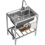 Stainless Steel Utility Sink Kitchen Sink Free Standing Sink Commercial, Single Bowl Compartment Workbench Sink Commercial Sink with Faucet, for Outdoor Indoor, Garage, Laundry/Utility Room