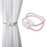 Magnetic Curtain Tie Backs, Magnetic Curtain Clips Rope Curtain Holder Buckles Small Bead Curtain Buckle Clips Rope Holders for Home Office Hotel Window Decoration (2-PACK, Pink)