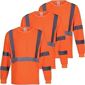 ProtectX 3-Pack Class 3 Long Sleeve High Visibility Safety T-Shirt with Elastic Reflective Stripes, Men's Heavy Duty Breathable Hi Vis Reflective Shirts, Orange - X-Large