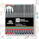 Art-n-Fly Coloured Fine Point Pens Set of 12 - Drawing Fineliner with Japanese Archival Ink 0.3mm - No Bleed Multi Colour Marker Fine Tip Pens for Bullet Journaling, Colouring, Drawing & Detailing