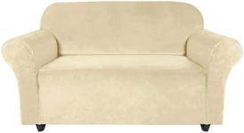 Velvet Thick Sofa Cover for 2 Seater Loveseat|Non Slip Sofa Cover |Washable、 with Foam Strips & Elastic Bottom for Living Room Dogs Cat Pet Plush Seat Couch Slipcovers-Beige