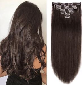 18" Clip in Human Hair Extensions Full Head 150g 7 Pieces 16 Clips 2# Dark Brown Double Weft Brazilian Real Remy Hair Extensions Thick Straight Silky (18",150g Dark Brown)