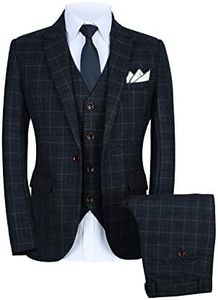 Mens One Button Slim Fit Plaid Suit Blazer+Vest+Pants US Size 42 Dark Blue