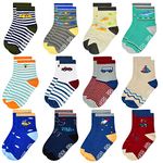 Tphon 12 Pairs Toddler Non Skid Socks with Grips Anti Slip Bottom, Cotton Non Slip Ankle Crew Socks for Boys, Girls, Kids(1-7Years), 01 Dinosaur Style(12 Pairs), 1-3T