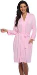 Women's Kimono Robe Short Knit Bathrobe Soft House Sleepwear Lightweight Ladies Loungewear, Pink, Small