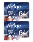 Netac 64GB 2 Pack Micro SD Card Speed up to 100MB/s for Action Cameras, Drones, Smartphones and Tablets, Memory Card SDXC UHS-I C10/U3/V30/A1 FAT32