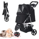 LPOTIUS Pet Stroller for Medium Small Dogs and Cats, Folding Puppy Stroller Dog Cat Cage Jogger Stroller with Cup Holder and Storage Basket, 3 Wheels, Black Zipper