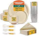 ECO SOUL 800 Pcs Compostable Dinnerware Set For 100 Guests, 100 Pcs Each Of Eco-Friendly Disposable Paper Plates Of 9" & 6", Cutlery, Napkins,16 oz Bowls & 16 oz Cups For Party,Picnic & Gathering