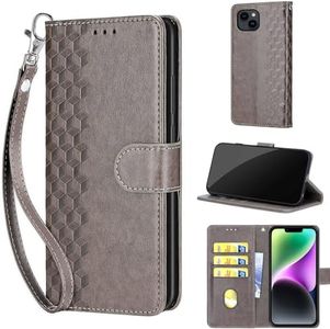 KENHONER Designed for iPhone 15 Case Wallet,Women Flip Folio Cover with Embossed PU Leather Stand Credit Card Holders Slots Wrist Strap Phone Case for iPhone 15 6.1 Inch (Gray Cube)