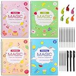 4 Pack Large Reusable Handwriting Practice Copybook for Kids, Comfy Tracing Sight Words Grooves Magic Practice Workbook Set for Age 3-6 (4 Books & 3 Pens & 6 Aid Pen Grips & 15 Pen Refills)