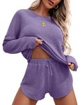 Ekouaer Waffle Pajamas Sets 2 Piece Matching Lounge Sets Long Sleeve Short Set for Women Lilac