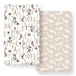 Stretch Ultra Soft Jersey Knit Fitted Crib Sheets Set 2 Pack, Fits All Standard Crib Mattress Pads Safe and Snug, Crib Fitted Sheet for Baby, Stylish Pretty Flora Print, Beige