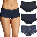 Maidenform Women's Underwear, Microfiber Boyshort Panties, One Fab Fit, 3-Pack Boy Short, Navy Black/Navy Black Lace/Shining Star, L (Pack of 3)