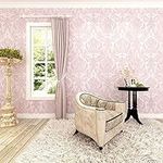 HANMERO 10m Classic Nonwoven Glitter Flocking Textured Damask Wall Paper Roll for Bedroom Living Room Pink