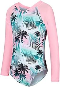 uideazone Long Sleeve Swimsuits for Girls Size 8 One Piece Rash Guard Bathing Suits with Zipper Hawaiian Style Swimwear 8-9 Years Coconut Tree