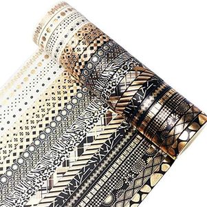 YUBBAEX 10 Rolls Washi Tape Set Black Gold Foil Print Decorative Tapes for Arts, DIY Crafts, Bullet Journals, Planners, Scrapbook, Wrapping (15mm) (Skinny Black Gold x 20 Rolls)