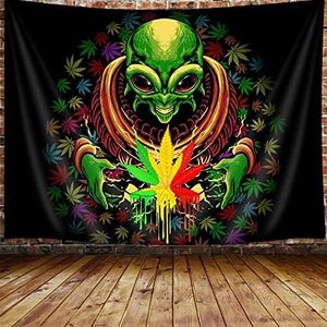 JAWO Weed Tapestry, Cool Trippy Alien Stuff Marijuana Leaf Tapestry Wall Hanging for Bedroom, Psychedelic Tie Dye Stoner Tapestries Poster Flag Beach Blanket College Dorm Home Decor 60X40Inches