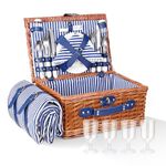 Picnic Basket for 4 Persons,Wicker Picnic Basket with Waterproof Picnic Blanket & Cutlery Set, Wicker Picnic Hamper for Camping, Outdoor, Party, Beach(Blue)