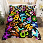 Loussiesd Animals Alphabet Bedding Set for Girls Boys Child Kids Abc Education Comforter Cover Preschool Decorative Cute Cartoon Wildlife Duvet Cover English Alphabets Bedspread Cover Single 2Pcs