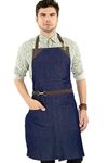 Under NY Sky No-Tie Classic Blue Apron - Durable Denim, Leather Reinforcement and Split-Leg - Adjustable for Men and Women - Pro Chef, Barista, Bartender, Baker, Stylist, Tattoo, Artist, Server Aprons