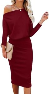 Ezbelle Women's Off The Shoulder 3/4 Sleeve Elastic Waist Formal Pencil Hip Wrap Bodycon Dress for Wedding Reception Burgundy Large