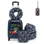 Goplus 5 Piece Kid’s Luggage Set, 15” Carry on Suitcase w/13” Backpack, Neck Pillow, Lunch Bag, Tag, Hardside Spinner Toddler Luggage, Travel Rolling Suitcase for Boys Girls Gifts (Navy, Space Dino)