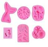 Vpqnee 6 Pieces Mermaid Themed Silicone Cake Fondant Mold, Mermaid Tail Seaweed Starfish Seashell Coral Seahorse Silicone Mold for Cake Decoration,Cupcake Toppers, Cookies Jelly Sugar Craft