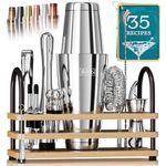 Pro Cocktail Kit | Mixology Bartender Kit | 14-Piece Cocktail Shaker Set | Martini Home Bartending Bar Accessories | Incl. 35 Recipe Cards | Gift Set (800ml/28oz Boston Shaker, Silver/Natural)