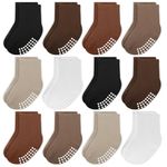 JAKIDAR 12 Pack Baby Socks Cotton Crew Toddler Socks Grips Non Slip Bottom Kids Socks, Khaki Dark Brown Latte Color 6-12M