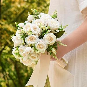 Annkin Wedding Bouquets for Bride Bridesmaid, 7.8 Inch Ivory Bride Bridal Bouquet Tossing Rustic Bouquet Artificial Roses for Wedding Church Home Decoration