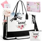 TRSODD Mimi Mothers Day Gifts, Floral Mono-gram Tote Bag for Women, Christmas Gifts for Mimi 50th Birthday, Best MIMI Ever Beach Bag w Makeup Bag Inner Pocket Side Pocket Shoulder Strap Gift Box Card