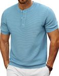 PJ PAUL JONES Henley Shirts for Men Short Sleeve Casual Shirts Textured Knitted T-Shirts Summer Beach Shirts Dusty Blue