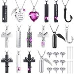 Huquary 16 Pcs Urn Necklace for Ashes Waterproof Stainless Steel Carved Ashes Locket with 8 Filling Kit Heart Cylinder Cross Cubic Fish Hook Jewelry for Ashes with Wing Diamond for Men Women (Purple)
