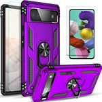 for Pixel 6A Case, Google Pixel 6A Case, with [Tempered Glass Screen Protector Included], STARSHOP Military Grade Shockproof Protective Phone Cover with Metal Ring Kickstand, for Pixel 6A - Purple