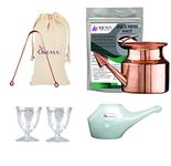 OREAYU ™ Yoga and Ayurveda Copper Jala Neti Pot / Jal Neti Lota for Sinus, Nose Irrigation and Cleaning (300 ml) Copper Neti , Eye Wash Cup, Copper Tongue Cleaner and Plastic Neti Pot and Neti Salt 200gm (5 Combo)