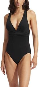 Seafolly Women's Deep V Wide Strap One Piece Swimsuit, Eco Collective Black, 12