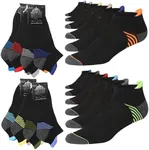 JAMES FIALLO Men's 12-Pairs Performance Low Cut Vibrant Stripes Fusion on Black Athletic Sport Socks, 2924-T1